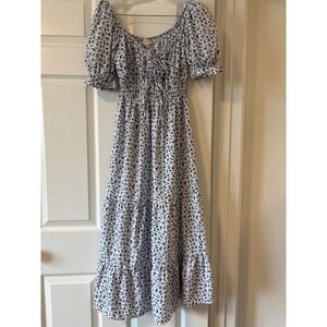 Indulge Floral Midi Dress Womens S White Blue Excellent Smocked Puff Sleeve Boho